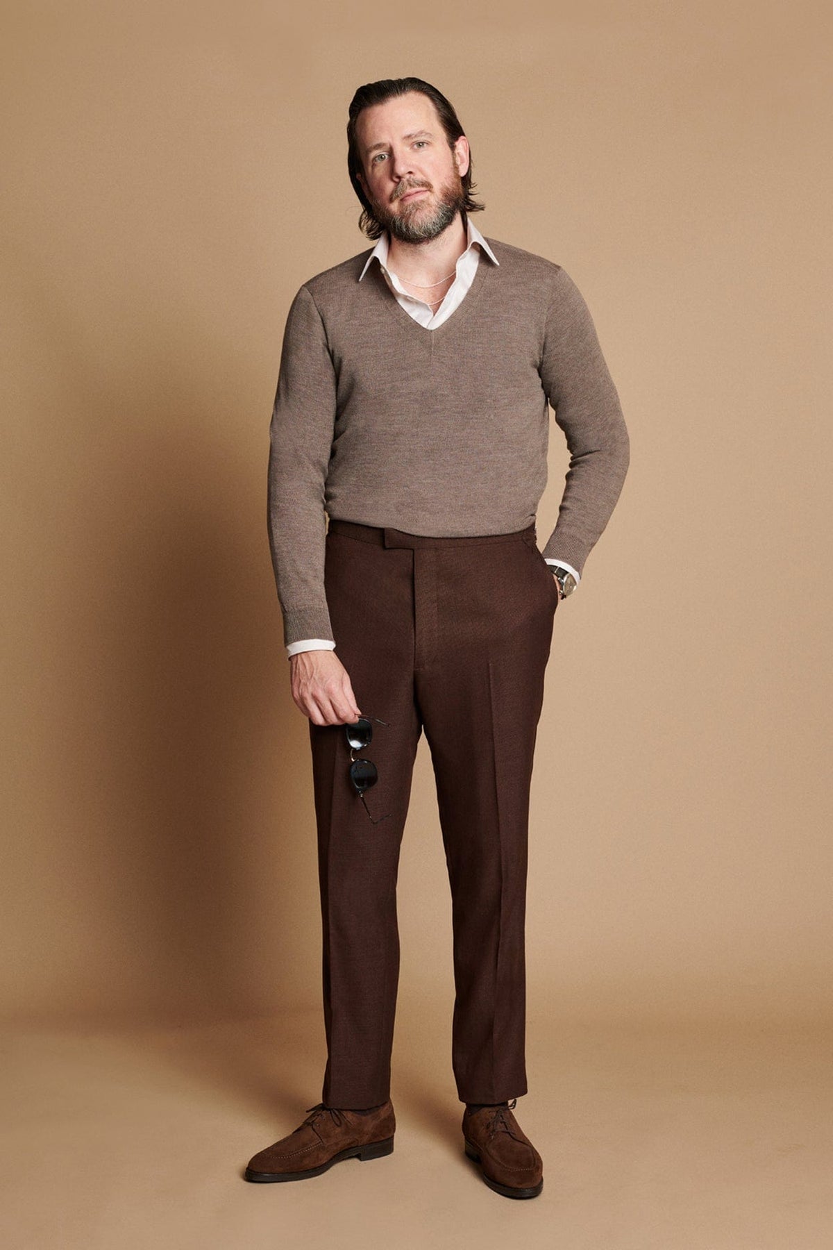 v neck sweater and dress shirt V-Neck Sweater - Made in America Soft Italian Merino Wool for 4-Season Wear Walnut / XL