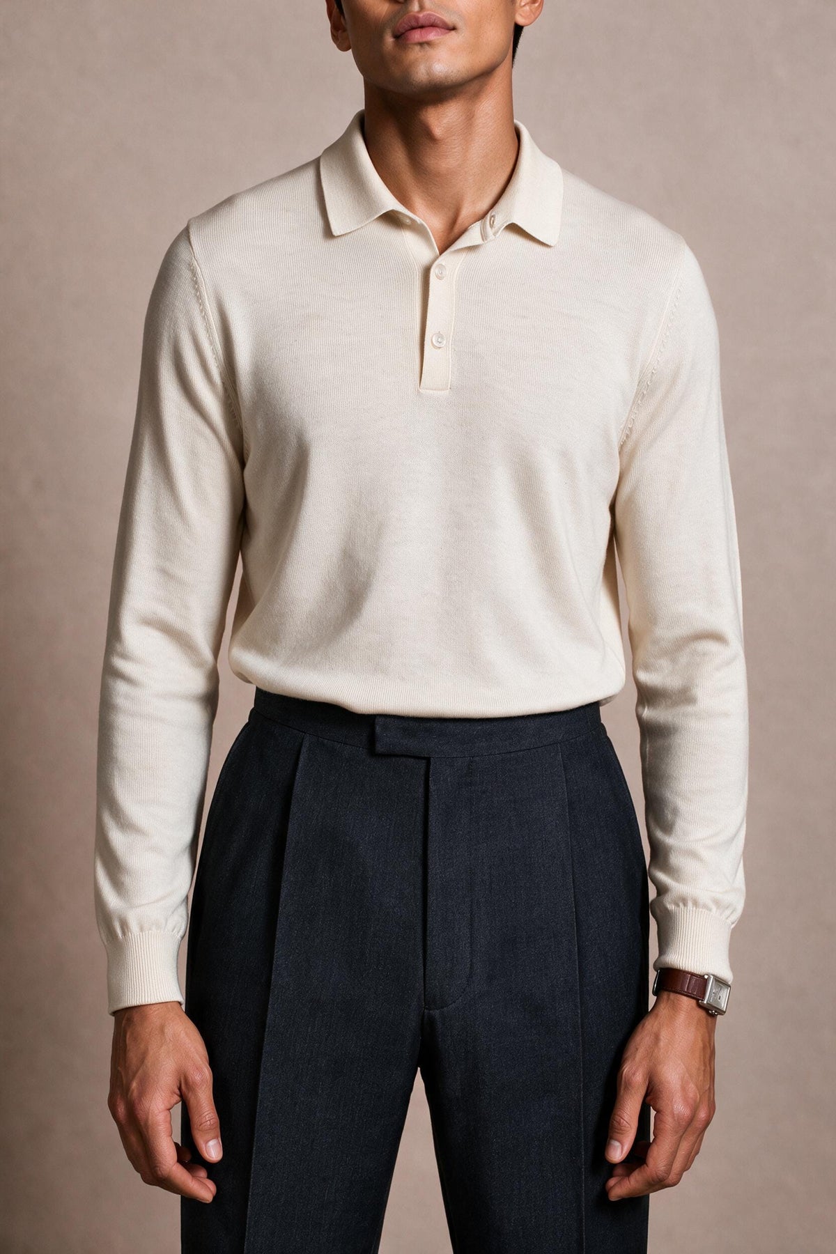 Made-to-Measure Merino Wool 3-Button Long-Sleeve Polo