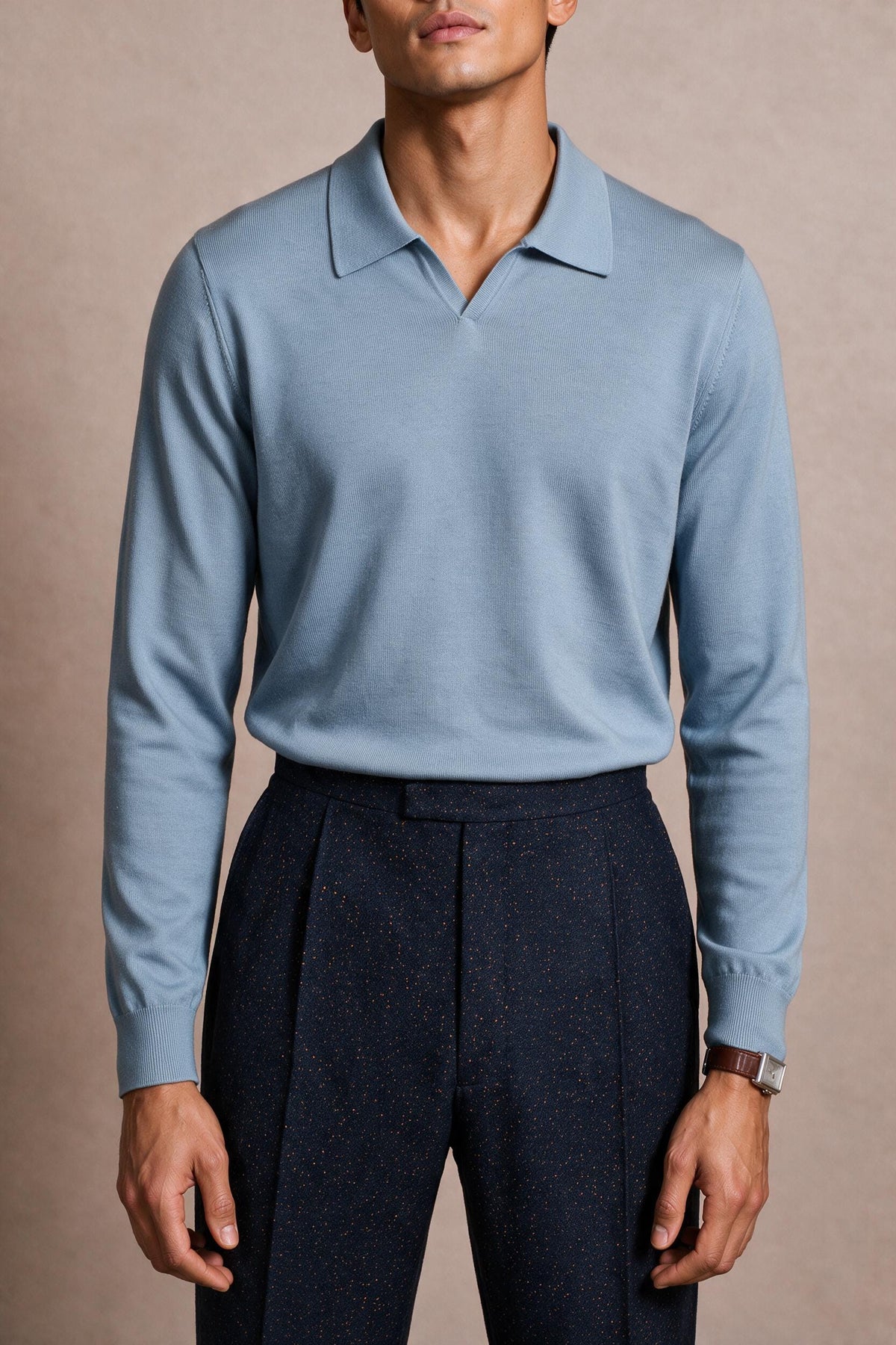 Made-to-Measure Wool & Cashmere V-Neck Long-Sleeve Polo
