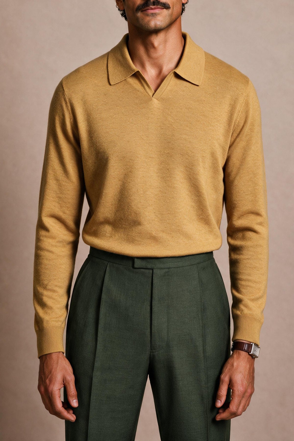 Made-to-Measure Melange Wool V-Neck Long-Sleeve Polo