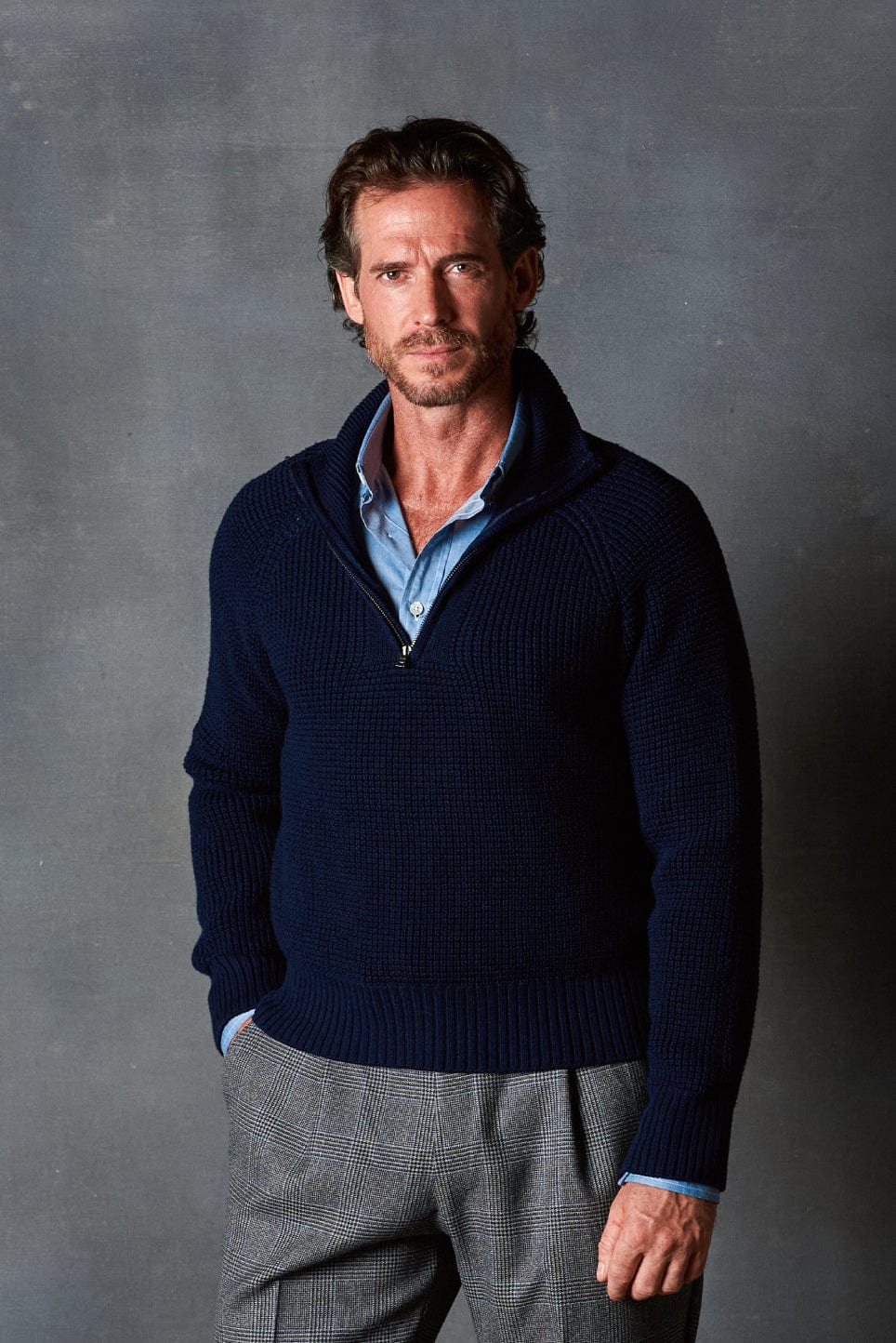 Waffle Knit Quarter-Zip Sweater - Made in America Versatile Fall/Winter Layering Piece Navy / S